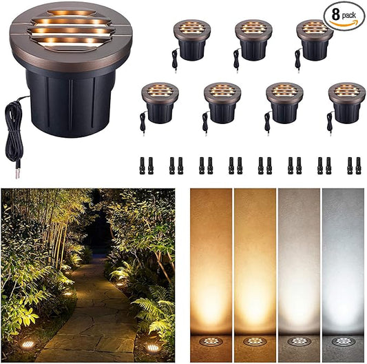 Ground Well Lights, Landscape LED Low Voltage In-Ground Lights, Outdoor Waterproof IP67, 12V Wired Aluminum Grille Top ORB for Wall 6W 350LM 8 Pack, Color Temp Random: 3000K or 5CCT