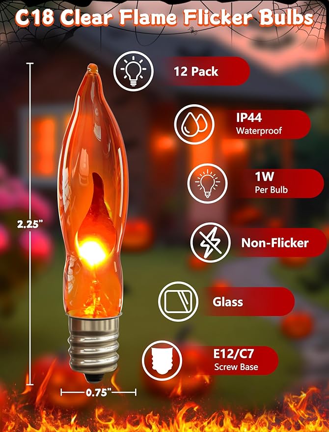 Orange Flickering Flame Light Bulbs with E12 Base, 12 Pack C18 Halloween Light 1W, Candelabra Night Light Bulbs for Halloween String Light,Electric Window Candle Light,Halloween Chandelier