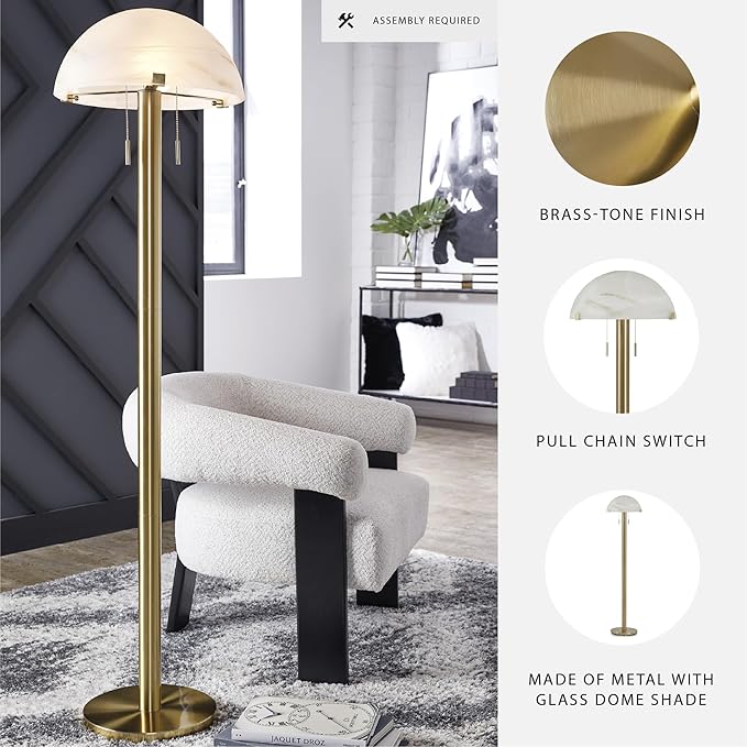 Signature Design by Ashley Tobbinsen Vintage Metal and Glass Floor Lamp with Pull Chain Switch and 2 Sockets, Metallic & White
