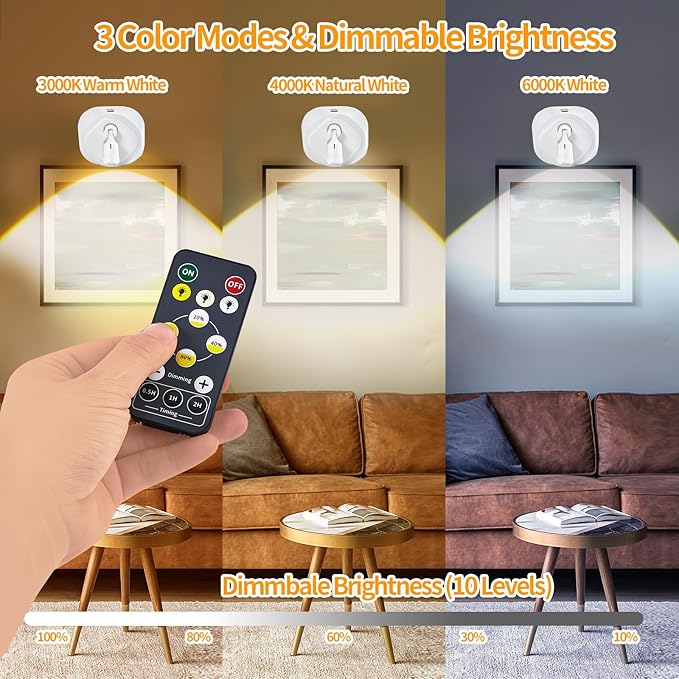 Wireless LED Spotlight Indoor with Remoter, 2 Pack Battery Powered Picture Lights, Rechargeable Spot Lights with 3 Colors Mode, Dimmable Timer Art Lights Accent Puck Light for Plant Wall