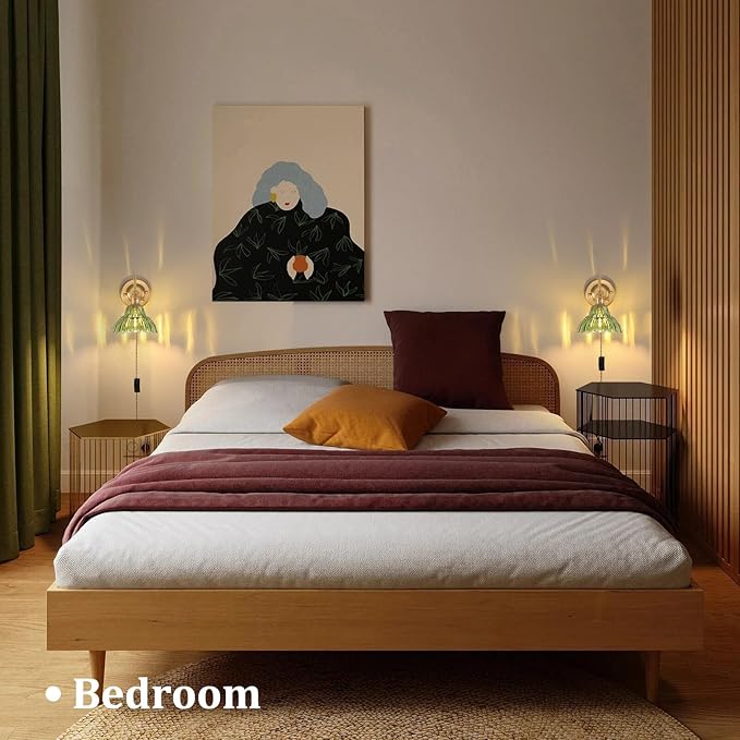 Plug in Wall Sconce Set of 2, Gold Vintage Wall Lights with Green Lily Glass Shade, Indoor Brass Corded Wall Lamp Fixture for Bedroom Living Room Bathroom Hallway