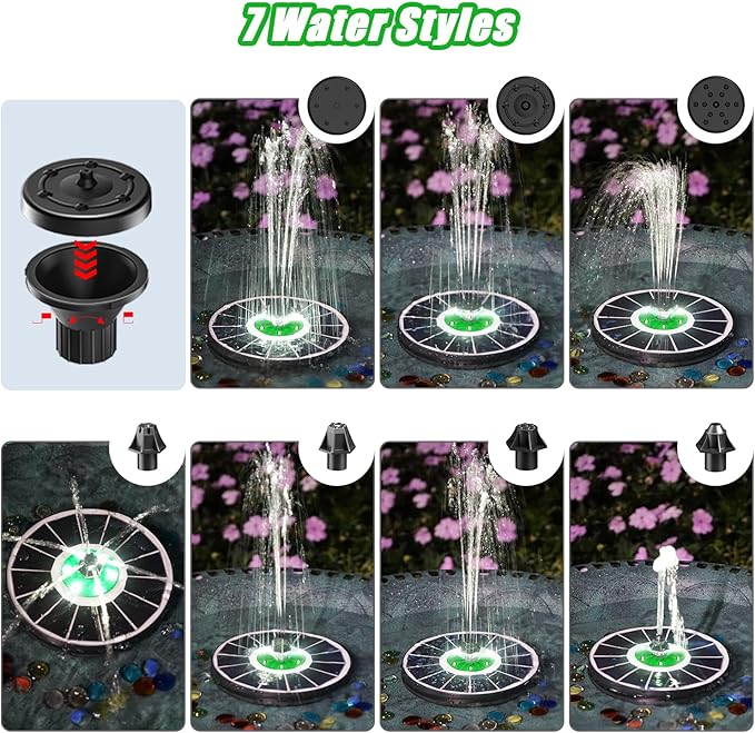 Yzert Solar Fountain White Lights Glass, 3.5W Solar Water Fountain with 2200 mAh Battery, Bird Bath Fountains Solar Power with 4 Fixers & 7 Nozzles for Outdoor,Patio, Garden Decor, Pond,Hummingbird