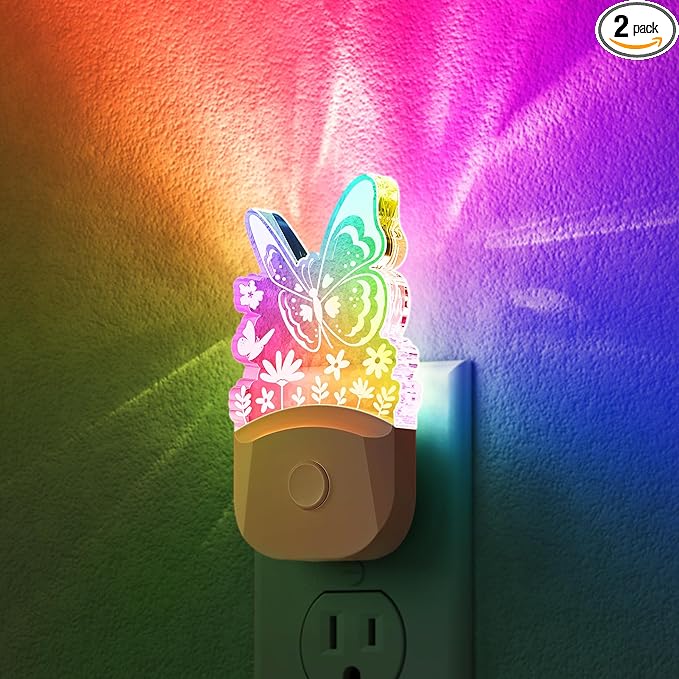 DORESshop Night Lights Plug into Wall [2 Pack], Butterfly Night Light Plug in with 8-Color RGB, Dusk-to-Dawn Sensor, Rainbow LED NightLight for Bathroom, Cute Room Decor,Boys Girls Christmas Gift