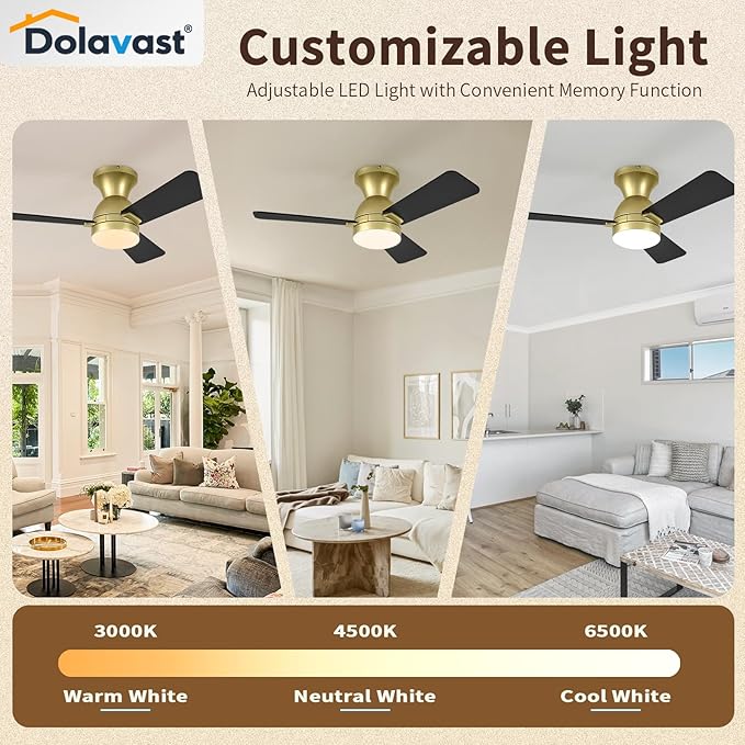 Ceiling Fans with Lights and Remote, 36 Inch Ceiling Fan with Light, Low Profile, Reversible, Dimmable LED, Flush Mount, Quiet, DC Motor, Gold Ceiling Fan for Bedroom, Kitchen, Dining Room