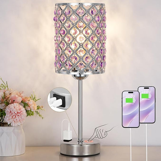 Hong-in Purple Lamps for Night Stands-Crystal Table Lamp with USB-C+A & AC Charging Ports, 3-Way Dimmable Nightstand Touch Lamp, Bedside Desk lamp for Bedroom Living Room Home Office