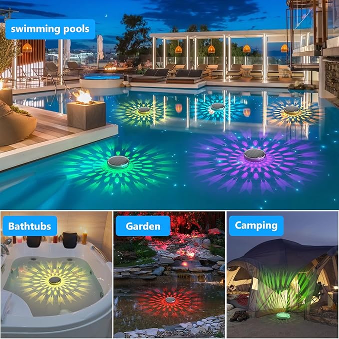 Solar Rechargeable Floating Pool Lights(4 Pack), Pool Lights That Float with Remote Control, 9 Lighting, Timing Mode, IPX7 Waterproof for Inground Pool, Bathroom, Bathtub, Pool Party