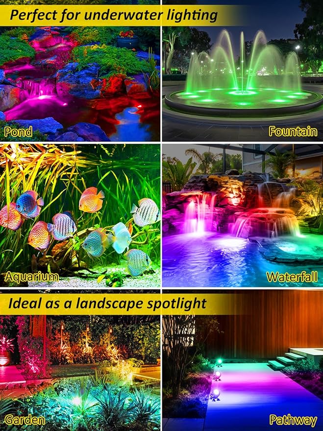 T-SUN Colored Pond Lights with Timer, LED Underwater Pond Light Submersible Fountain Lights for Fish Tank Landscape Spotlight - Remote Control, IP68 Waterproof, Aquarium, Waterfall, Yard (3 Heads)