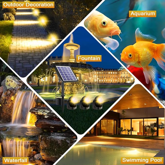 Solar Pond Lights LED Underwater, Smart Auto ON/Off Submersible Fountain Lights with 3-Brightness Modes, IP68 Waterproof Pond Light for Aquarium, Waterfall, Fish Tank, Garden(3 Head Lamp)