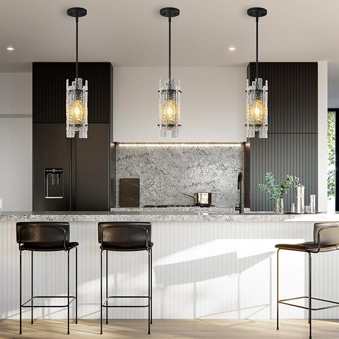 Modern Crystal Pendant Lighting Black Pendant Lights Mini Glass Chandeliers, Adjustable Pendant Light Fixture for Kitchen Island Bedroom Living Room Dining Room Corridor(1Pack)
