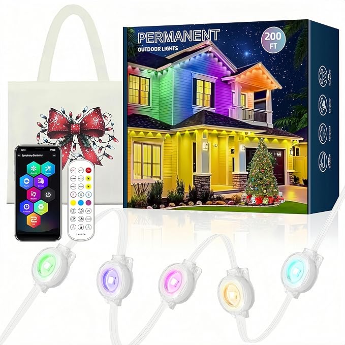 Permanent Outdoor Lights 150ft, RGBWC+IC Smart LED Strip with 50+ Scene Modes, IP68 Waterproof, App & Remote Control for Christmas, Holiday, Roof, and Pool Party Decor (200FT-120LEDS)