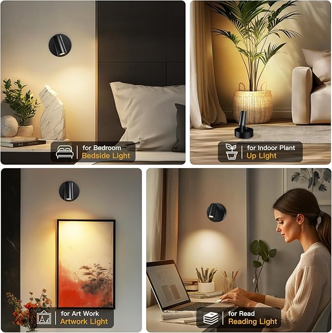 Kimjo Spot Lights Indoor, Wireless LED Spotlight, Uplighting Indoor with Remote and Dimmable, Accent Lighting for Plants, Picture, Battery Operated Wall Light