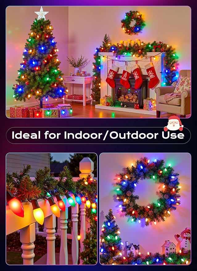 Brightown C9 LED Christmas Lights Outdoor, 200 FT 200 Multi-Colored Connectable C9 String Lights for Christmas Tree Patio Roofline Garden Backyard Holiday Party Indoor Outdoor Decoration, Green Wire