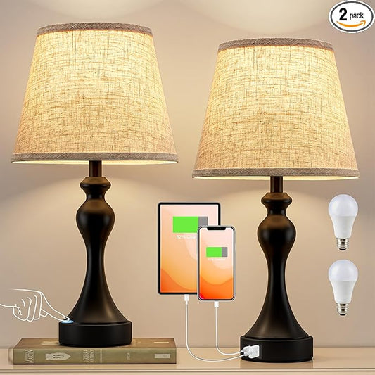 Seealle Touch Lamps for Nightstand - Bedside Lamps Set of 2, 3 Way Dimmable, USB C+A for Bedroom & End Tables (Beige&Black)