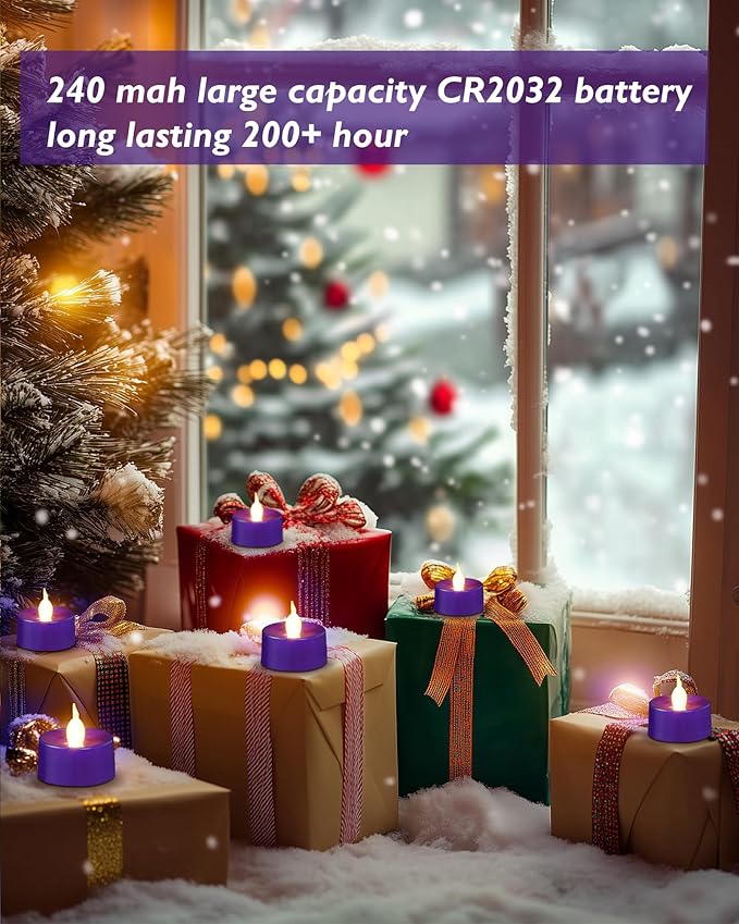 Purple LED Candles, 12 Pack Tea Lights Candles Battery Operated, Flameless Tealight Candle, Realistic Tea Lights for Halloween Christmas Party Decor Mardi Gras