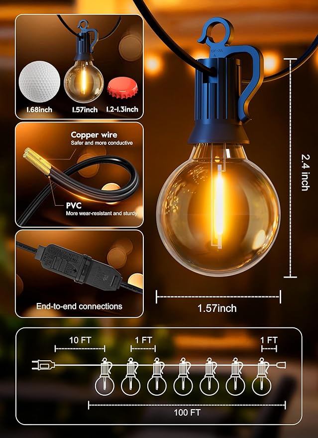 Brightown Outdoor String Lights, 100FT 100+2 G40 Bulbs Shatterproof Patio Lights, IP65 Waterproof Dimmable Hanging Connectable Globe LED Outdoor Lights for Backyard, Bistro, Porch, Deck, Balcony