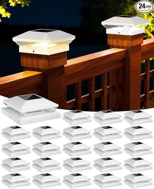 T-SUN Solar Fence Post Cap Lights 24 Pack, Outdoor Waterproof Solar Powered Deck Post Lights for 4x4 5.5x5.5 6x6 Vinyl/Wooden Posts, Warm/Cool White Modes for Porch,Yard,Walkway,Gate