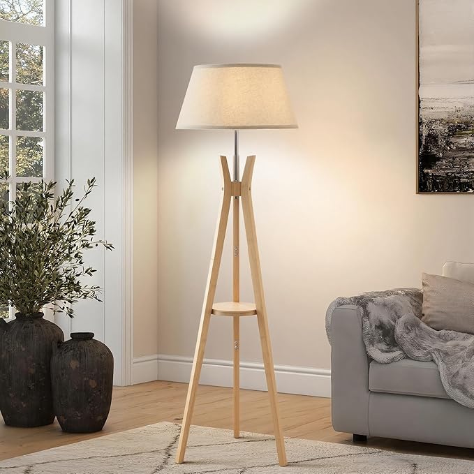 Floor Lamp with Shelf Table, Mid-Century Modern Corner Floor Lamp with Beige Linen Shade, Tall Standing Lamp with Bamboo Tripod Frame, E26 Base for Living Room Bedroom Office