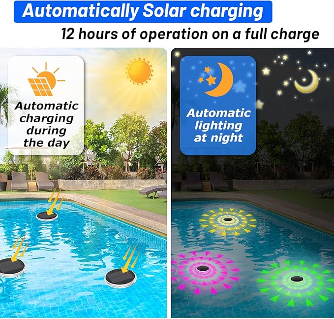Pool Lights-2pcs,Solar Rechargeable Floating,Pool Lights That Float with Remote Control, Modes 9 Lighting Timing Mode IP67 Waterproof for Inground Pool, Bathroom, Bathtub, Pool Party