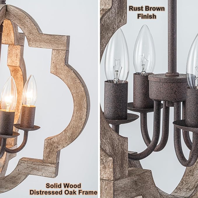 15.75" Oak Farmhouse Chandeliers for Dining Room Distressed Wood Pendant Light Fixture 4-Light Rustic Ceiling Hanging Light for Kitchen Island Bedroom Hallway Entryway Foyer E12*4