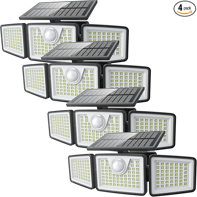 2500LM Solar Lights Outdoor with Motion Sensor,3 Head 270° Wide Angle Street Area Lights,IP65 Waterproof Security Lighting with 3 Modes(Non-Remote,4 Pcs)