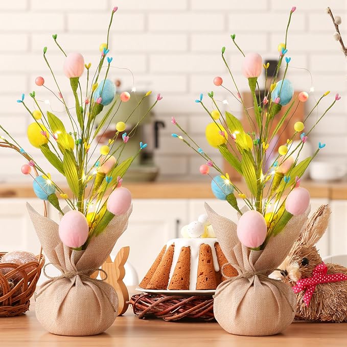 2 Pack 18 Inch Pre-lit Floral Easter Egg Tree Tabletop Decor, Detachable Battery Powered LED String Lights, Spring Centerpiece for Indoor Home Mantel Table Easter Party