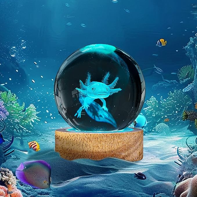3D Axolotl Crystal Ball Night Light with 16 Color, Unique 60mm Axolotl Figurines Glass Ball Lamps with Remote Cool Axolotl Toy Room Table Decor Birthday Christmas Gifts for Boys Girls Kids Friends