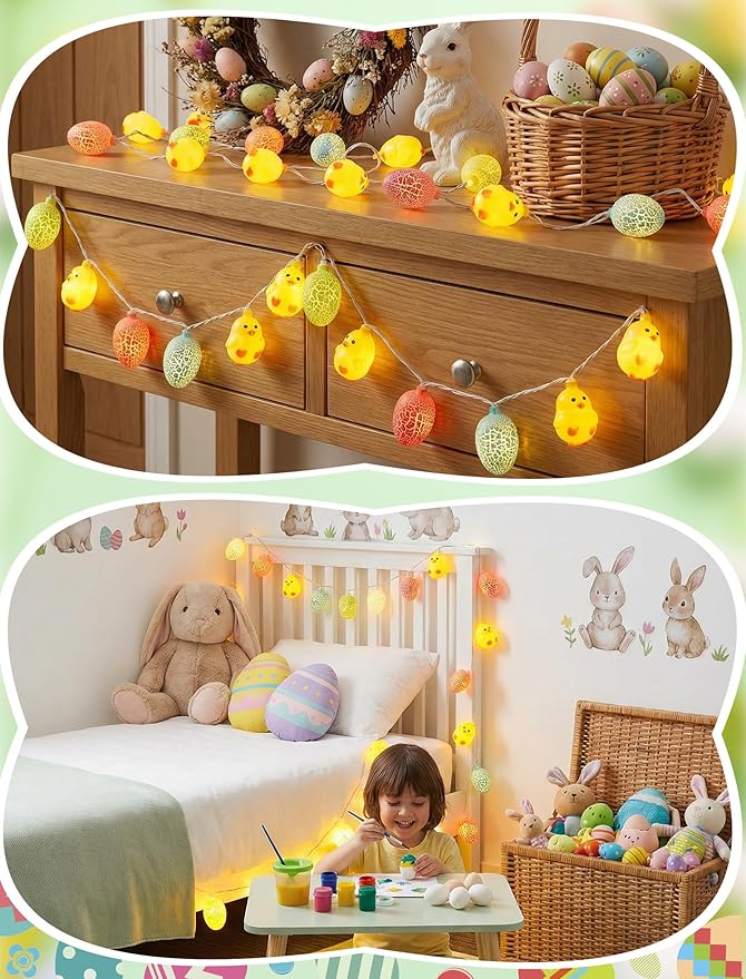 8.5Ft Easter String Lights, 10 LED Multicolored Cracked Eggs and Chicken Fairy Lights, Plug in Waterproof IP44 Spring Garland, UL Listed Outdoor Lights for Easter Home Garden Party Patio Decor