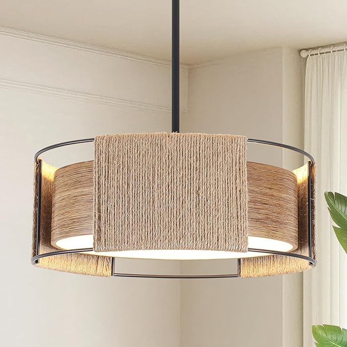 Rattan Chandelier 3-Light, 15.74'' Dual-Layer Shade Rustic Rattan and Metal Wood Grain Round Pendant Light Kitchen Island Lighting Hanging Drum Chandeliers for Entryway Foyer Bedroom Living Room