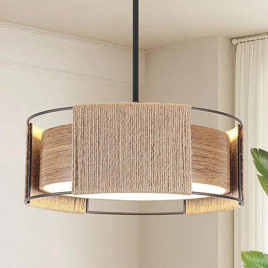 Rattan Chandelier 3-Light, 15.74'' Dual-Layer Shade Rustic Rattan and Metal Wood Grain Round Pendant Light Kitchen Island Lighting Hanging Drum Chandeliers for Entryway Foyer Bedroom Living Room