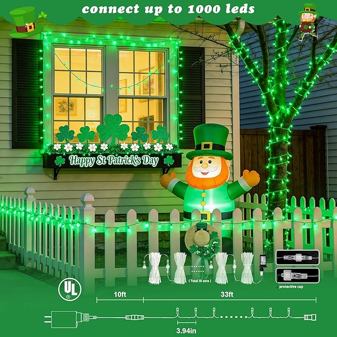 JMEXSUSS 2 Pack Green St Patricks Day Lights, Each 100 LED Connectable Green Christmas Lights Outdoor Waterproof, String Lights Plug in Indoor for St Patricks Day Christmas Bedroom Decorations