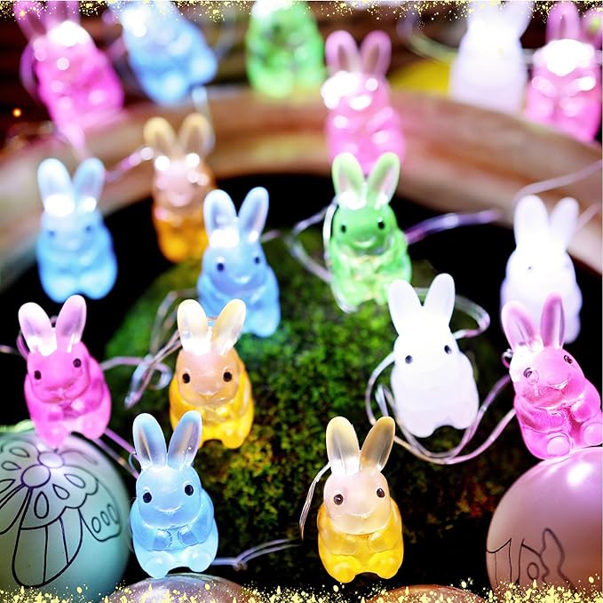 Easter Decorations Rabbit String Lights, 10 ft 30 LED Bunnies Battery Operated with Remote for Tabletop House Front Patio Wedding Kindergartens Party Jashika