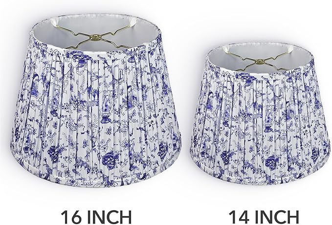 RDI Pleated Pattern Fabric Lampshade, Flora Collection, Medium Lamp shade, 10 x 14.5 x 10 inch (Top x Bottom x Height), Blue White Garden