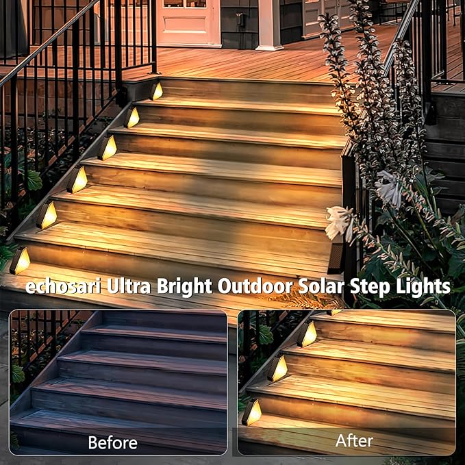 echosari 6 Pack Solar Step Lights for Outside, Ultra Bright Outdoor Stair Lights Auto ON/Off, 2835 SMD LEDs Outdoor Step Lights IP68 Fully Waterproof for Yard Garden Walkways Pathway (Warm White)