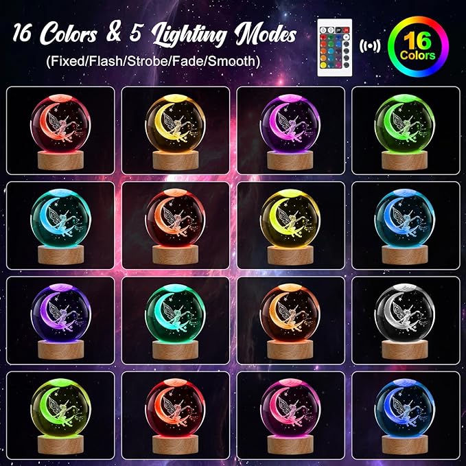 Fairy Night Light, 3D Crystal Ball Lamp with 16 LED Color Changing & Remote, 3.15 Inch Unique Desk Decor, Fairy Gift for Women, Birthday Christmas Home Room Decoration, Fairy Lamp