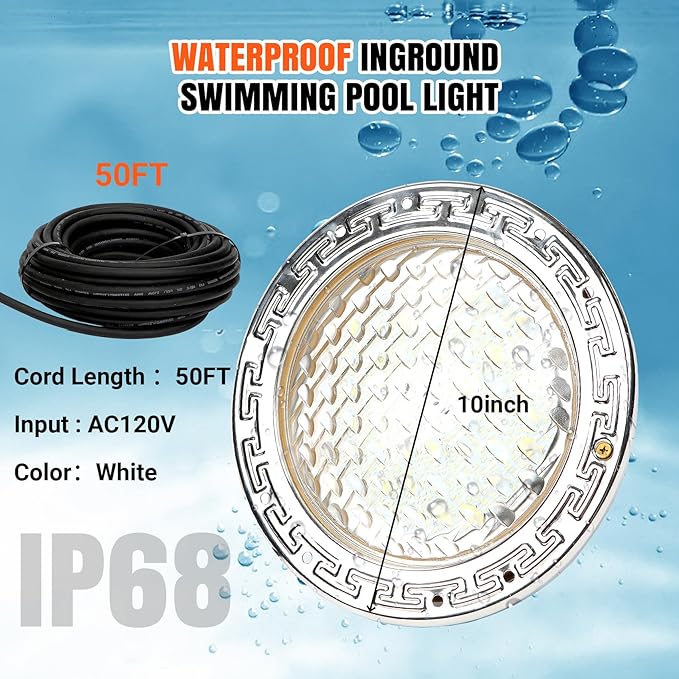 120V Pool Light for Inground Pools, 10 Inch LED Pool Lights with 50FT Cord, Underwater Swimming Pool Lights Suitable for 10 Inch Wet Niche, Input AC120V, 35W, White Light Pool Light