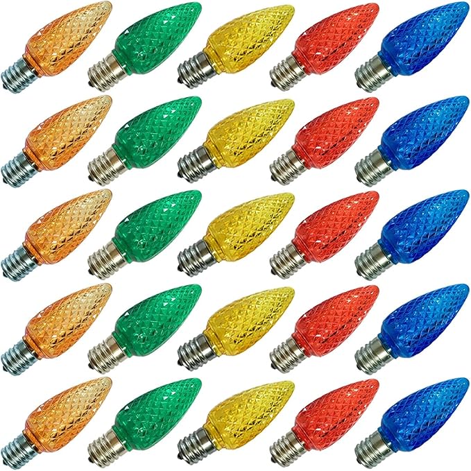 echosari 25 Pack C9 LED Replacement Christmas Light Bulbs for Outdoor String Light, 0.8W UL Listed Commercial Grade Holiday Bulbs, C9/E17 Candelabra Base Sockets (Multicolor)