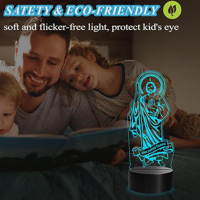 San Judas Tadeo Night Light, Judas Tadeo Decor, 3D Illusion Lamp with Remote Control, 16 RGB Colors, 4 Flashing Modes, Timer, Kids Room Decor