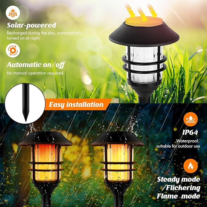 ZOOHAR Solar Pathway Flame Lights - Outdoor Solar LEDs with Metal Construction, Waterproof, Perfect for Gardens, Pathways, Patio, Balcony & Pool, 2 Packs