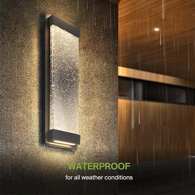 ASD LED 18" Bubble Glass Wall Light Fixture, Outdoor & Indoor Seeded Sconce | 3CCT, Waterproof, Dimmable, Up-Down Glow, ETL Listed | 22W 520LM 3000-5000K 100-277V | Porch Lighting | Black, 2 Pack