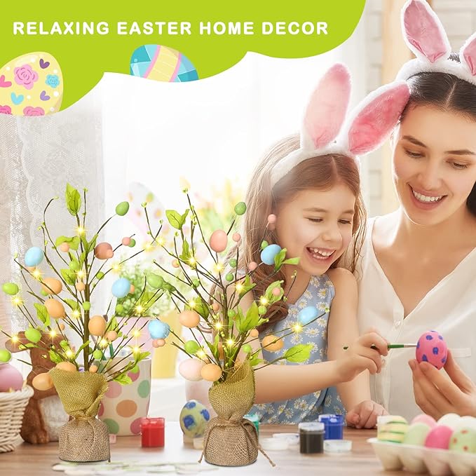 Marsui 2 Pcs Easter Egg Tree Decorations 18 Inch Pre Lit Easter Egg Tree Tabletop Decor with LED Light Spring Party Decoration Gifts for Home Table Centerpieces Pastel Blue Pink Yellow