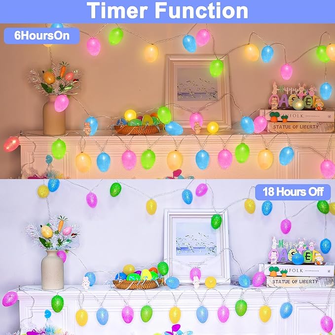 Easter Decorations Easter Lights String, 10FT 20LED Egg Light with Timer, Colorful Eggs String Lights Battery Operated Fairy Lights Garland Easter Decor for Home Bedrooms Window Tree Indoor Outdoor