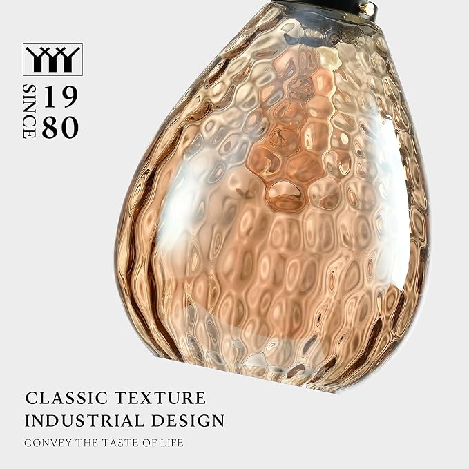 Modern Glass Pendant Light, 8"x9.6" Amber Ribbed Hanging Light Fixture with Gold Cap, 15"-72" Adjustable Cord, E26 Socket for Kitchen or Entryway – Sunrise Glow Teardrop