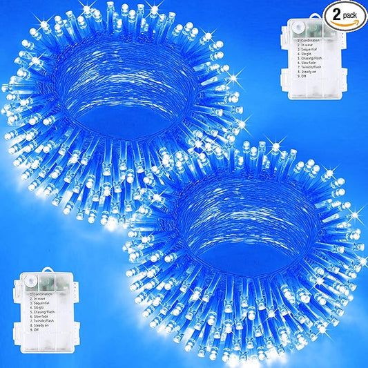 2 Pack Christmas String Lights Battery Operated with Timer, 66FT 200 LED Waterproof Twinkle Lights, 8 Modes Fairy Light for Indoor and Outdoor Bedroom Garland Tree Christmas Decorations (Blue)