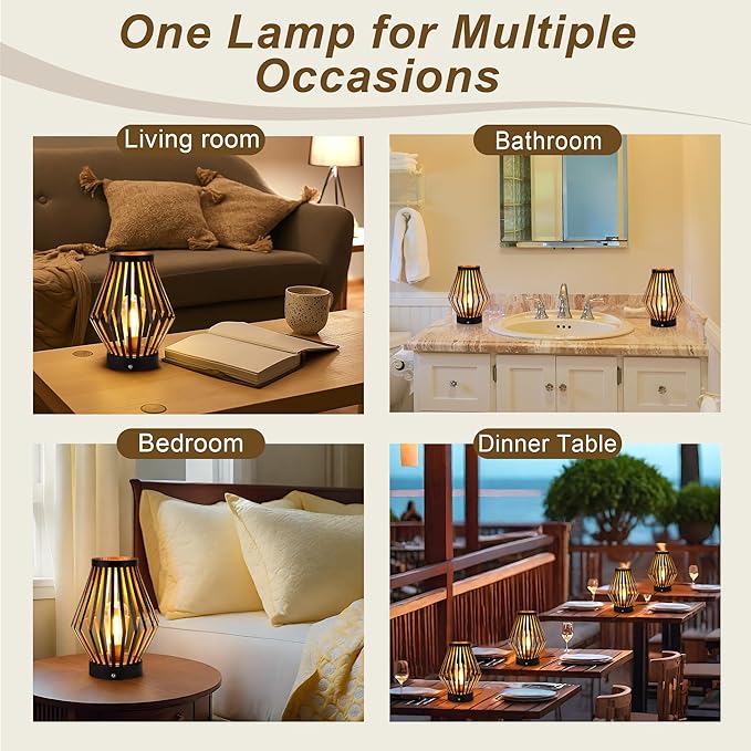 JHY DESIGN Dimmable Touch Bedside Table Lamp 8.5''H Rechargeable Metal Cage Lantern with LED Edison Style Bulb Cordless Accent Lamp for Weddings Parties Patio Events for Indoors Outdoors