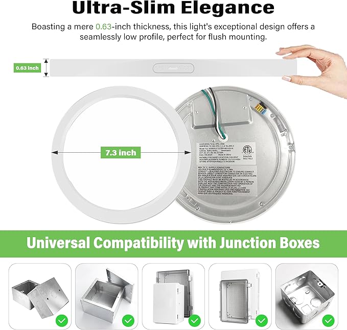 7.3" Flush Mount Dimmable LED Ceiling Light - 12W 5000K, Ultra Thin Round, White, 9Pack for Bedroom, Bathroom, Kitchen, Hallway, Basement, Closet