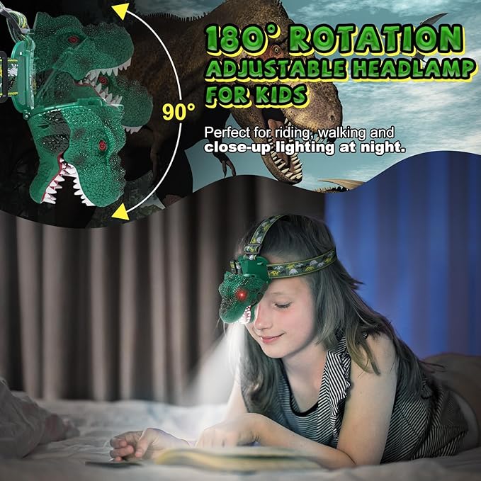 Dinosaur Headlamp for Kids Flashlight Rechargeable Led Dino Head Lamp Roar & Silent Mode, T-Rex Dinosaur Toys for Kids 3 4 5 6 7 8, Camping Gear, Easter Gifts for Boys Girls Adults