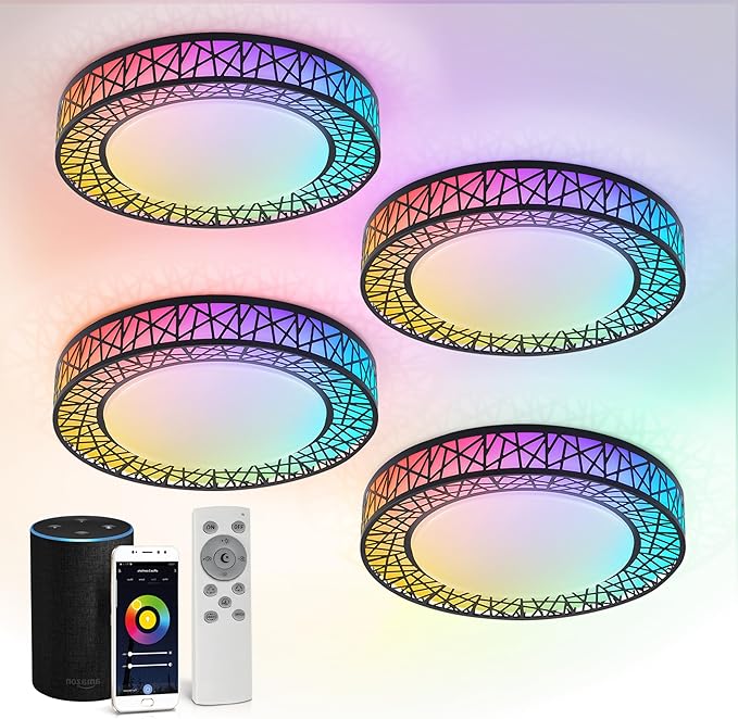 ASD 16 Inch Smart RGBW Flush Mount Ceiling Light with Remote - Matte Black 28W 120V 2700-6500K Dimmable Ceiling Light Fixture, WiFi App Control RGB Lights, Alexa & Google Assistant - ETL, 4 Pack
