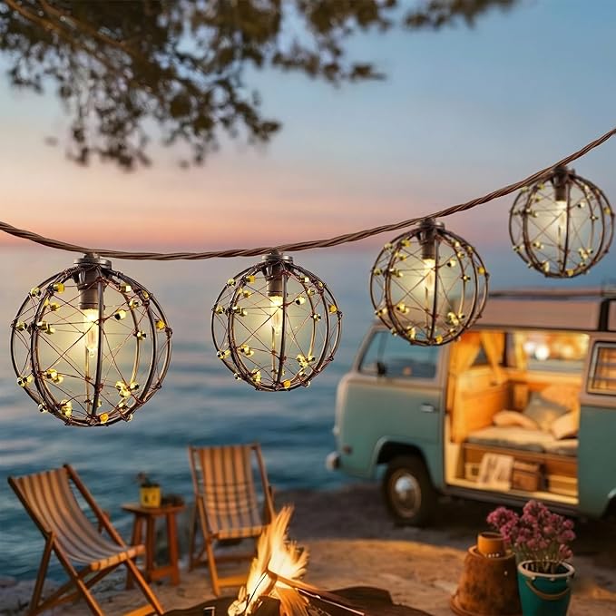 8.5Ft Outdoor Decorative Patio Lights, 10L Beaded Copper Wire Ball Style Lantern Lights, Connectable Weather-Resistant Indoor Outdoor Boho String Lights for Home Pergola campings Porch Party Backyard