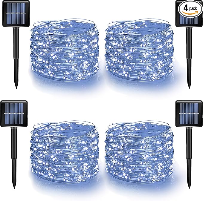 Dazzle Bright 4 Pack Solar String Lights Outdoor, Total 160FT 480LED Solar Powered Waterproof Fairy Lights 8 Modes, Silver Wire Lights for Christmas Patio Party Tree Yard Decoration (White)