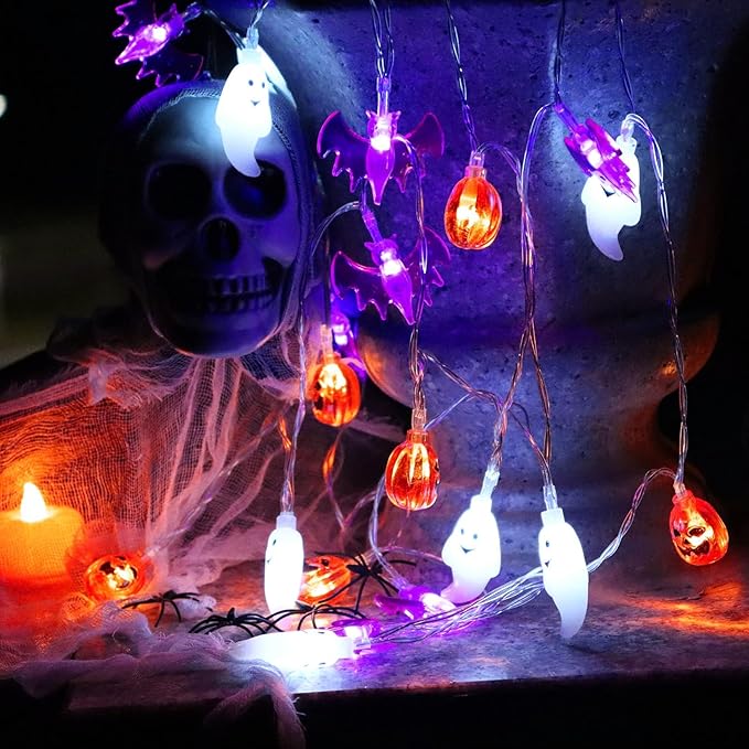 Halloween Lights Decor, 16 FT 30 LED 3D Pumpkin Bat Ghost Battery Operated String Lights with Timer - 8 Lighting Modes Fairy Lights for Home Door Porch Indoor Outdoor Party Decorations